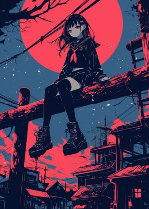 Crimson Moonlit Streets: Anime Girl Art Print - Premium Wooden Framed Poster. Ready to Hang.