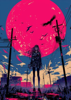 Abnormal Core: Anime Girl Under Crimson Moon - Premium Wooden Framed Poster. Ready to Hang.
