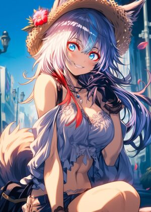 Anime Summer Girl: Vibrant Summer Vibes - Premium Wooden Framed Poster. Ready to Hang.
