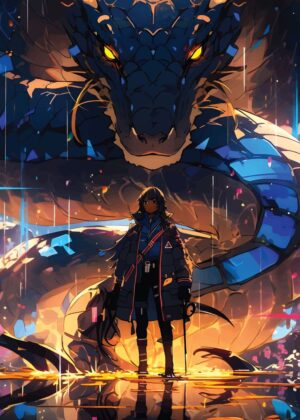 Gothic Anime Girl and Dragon Art Print - Premium Wooden Framed Poster. Ready to Hang.