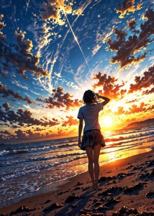 Gazing at a Fiery Sunset: Anime Girl Beach Scene - Premium Wooden Framed Poster. Ready to Hang.