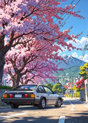 Anime Ghibli-Style Cherry Blossom Street Scene - Premium Wooden Framed Poster. Ready to Hang.