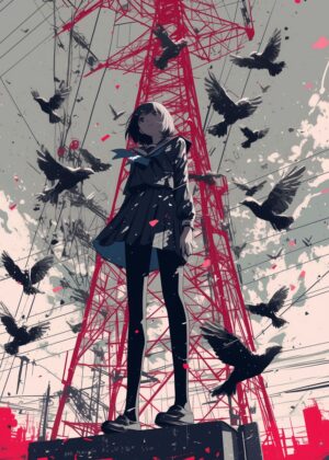 Abnormal Core: Anime Girl and Crows - Premium Wooden Framed Poster. Ready to Hang.