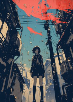 Lost in Transition: A Cityscape of Melancholy and Hope - Premium Wooden Framed Poster. Ready to Hang.