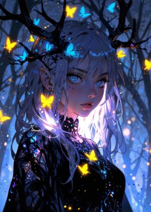 Allure of the Night: Enchanting Anime Girl Artwork - Premium Wooden Framed Poster. Ready to Hang.