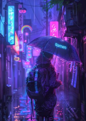 Cyberpunk Ramen: Neon Rain - Premium Wooden Framed Poster. Ready to Hang.