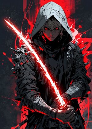 Red Blade Assassin: Dark Fantasy Art Print - Premium Wooden Framed Poster. Ready to Hang.