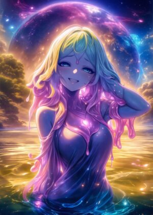 Cosmic Dream: Anime Girl in Galaxy Slime - Premium Wooden Framed Poster. Ready to Hang.