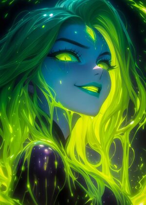 Green Goth Slime Girl Art Print - Premium Wooden Framed Poster. Ready to Hang.