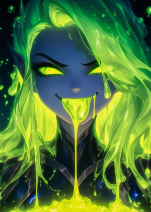 Glowing Green Slime Girl Art Print - Premium Wooden Framed Poster. Ready to Hang.