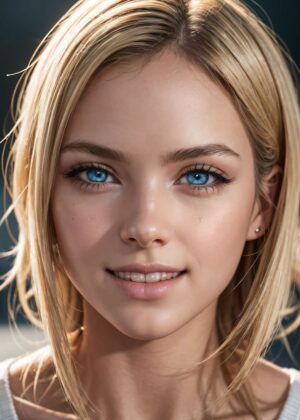 Stunning Blonde Woman with Captivating Blue Eyes - Premium Wooden Framed Poster. Ready to Hang.