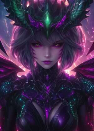 Neon Cybergoth Demoness: Dark Fantasy Art Print - Premium Wooden Framed Poster. Ready to Hang.