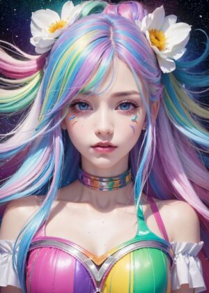 Beautiful Rainbow Girl 2: Dreamlike Digital Art Print - Premium Wooden Framed Poster. Ready to Hang.