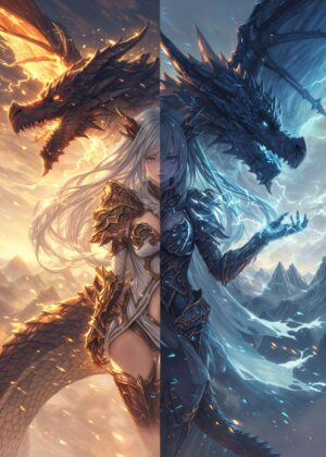 Dual Dragon Fantasy Art Print - Premium Wooden Framed Poster. Ready to Hang.