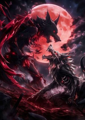 Blood Moon Werewolves: Dark Fantasy Art Print - Premium Wooden Framed Poster. Ready to Hang.