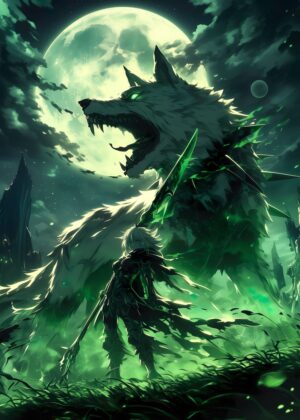 Green Knight and Spectral Wolf Under the Moon - Premium Wooden Framed Poster. Ready to Hang.