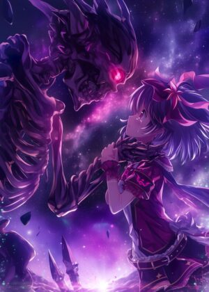 Anime Girl and Dark Skeleton in Space - Premium Wooden Framed Poster. Ready to Hang.
