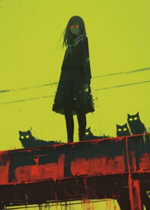 Abnormal Core: Mysterious Girl and Shadowy Cats - Premium Wooden Framed Poster. Ready to Hang.