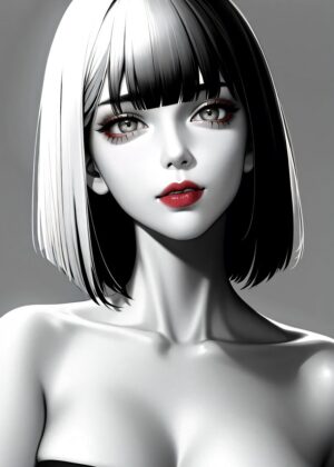 Elegant Black and White Beauty: Red Lips Portrait - Premium Wooden Framed Poster. Ready to Hang.