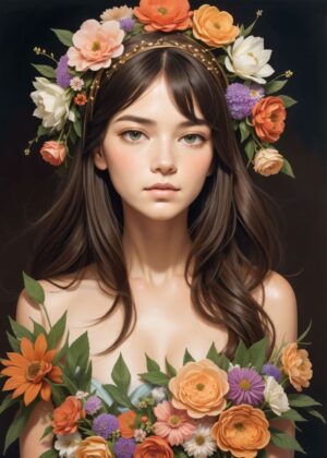 Floral Girl: A Dreamlike Portrait - Premium Wooden Framed Poster. Ready to Hang.