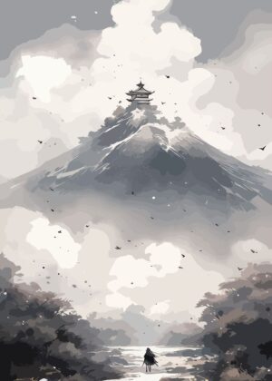 Serene Mountaintop Temple: A Journey of Solitude - Premium Wooden Framed Poster. Ready to Hang.