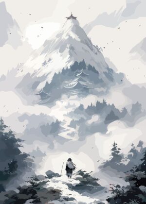 Tranquil Ascent: A Journey to the Mountain Temple - Premium Wooden Framed Poster. Ready to Hang.