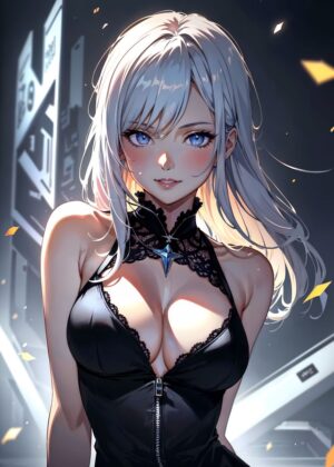 Anime Girl with Long White Hair and Blue Eyes - Premium Wooden Framed Poster. Ready to Hang.