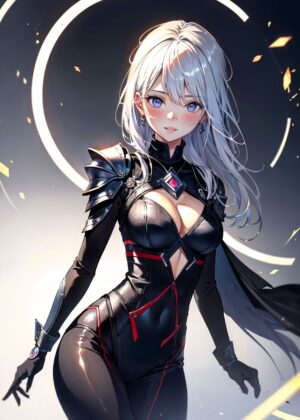 Anime Girl with Silver Hair and Black Outfit - Premium Wooden Framed Poster. Ready to Hang.