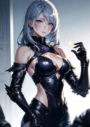 Anime Girl in Black Leather Outfit - Premium Wooden Framed Poster. Ready to Hang.