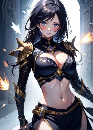 Stunning Anime Girl Artwork: Blue-Eyed Warrior Princess - Premium Wooden Framed Poster. Ready to Hang.