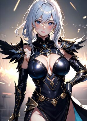 Stunning Anime Girl in Dark Armor - Premium Wooden Framed Poster. Ready to Hang.