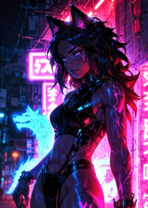 Cyberpunk Anime Wolf Girl Art Print - Premium Wooden Framed Poster. Ready to Hang.
