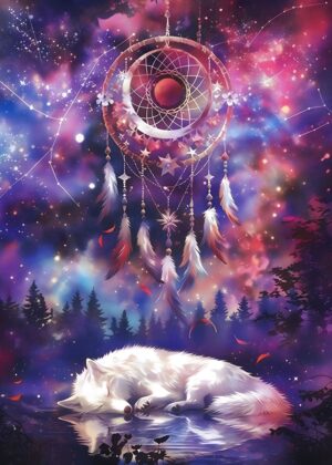 Dreaming Wolf in Galaxy: A Celestial Canvas - Premium Wooden Framed Poster. Ready to Hang.