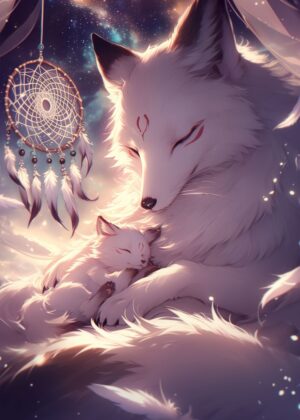 Kitsune Dream World: Mother and Cub - Premium Wooden Framed Poster. Ready to Hang.
