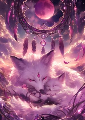 Kitsune Family Dream: A Magical Fantasy Artwork - Premium Wooden Framed Poster. Ready to Hang.