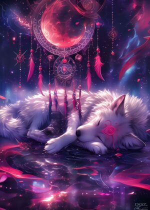Dreamcatcher Wolf: Mystical Fantasy Art Print - Premium Wooden Framed Poster. Ready to Hang.