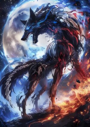Moonlight Anime Wolf: A Celestial Canis - Premium Wooden Framed Poster. Ready to Hang.