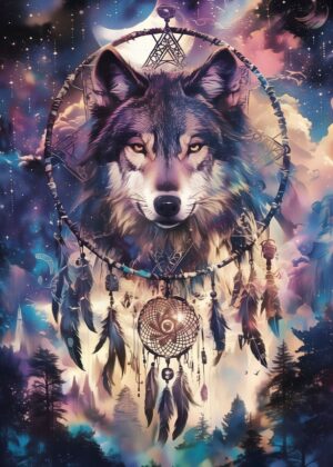 Wolf Dreamcatcher Dream: Mystical Art Print - Premium Wooden Framed Poster. Ready to Hang.