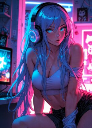 Cyberpunk Gamer Girl Art Print - Premium Wooden Framed Poster. Ready to Hang.