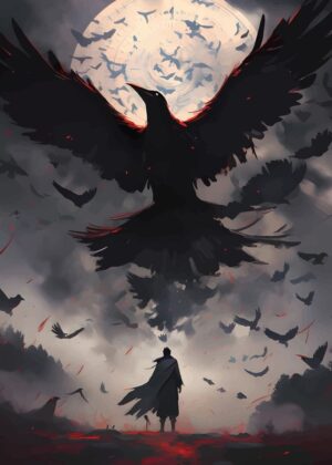 Giant Raven and Lone Figure: A Dark Fantasy Artwork - Premium Wooden Framed Poster. Ready to Hang.