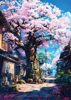 Cherry Blossom Street in Japan: Vibrant Anime Art Print - Premium Wooden Framed Poster. Ready to Hang.