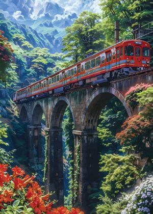 Zen Garden Tranquility: Serene Train Journey Through Lush Mountains - Premium Wooden Framed Poster. Ready to Hang.