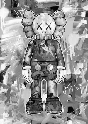 Black and White Kaws Street Art Print - Premium Wooden Framed Poster. Ready to Hang.