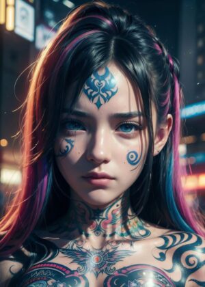 Cyberpunk Tattooed Girl: Neon City Dreams - Premium Wooden Framed Poster. Ready to Hang.