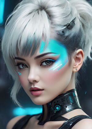 Cyberpunk White Hair Girl Art Print - Premium Wooden Framed Poster. Ready to Hang.
