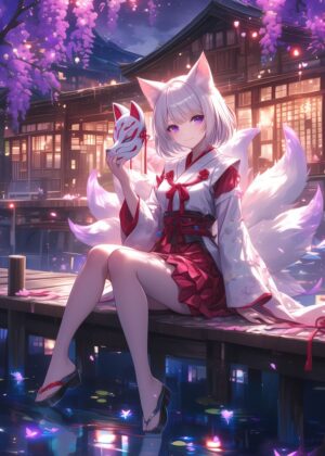 Tranquil Japanese Fox Spirit: Anime Art Print - Premium Wooden Framed Poster. Ready to Hang.