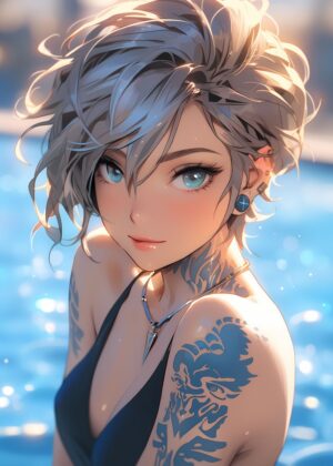 Poolside Tattoo Beauty: Stunning Anime Girl Art Print - Premium Wooden Framed Poster. Ready to Hang.