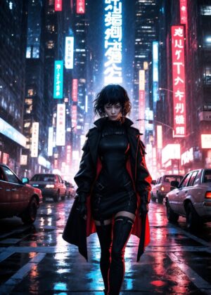 Neon Nocturne: Cyberpunk Cityscape Art Print - Premium Wooden Framed Poster. Ready to Hang.