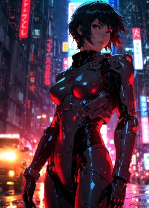 Neon Vanguard: Cyberpunk Anime Art Print - Premium Wooden Framed Poster. Ready to Hang.