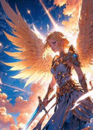 Golden Valor: Angelic Warrior Artwork - Premium Wooden Framed Poster. Ready to Hang.